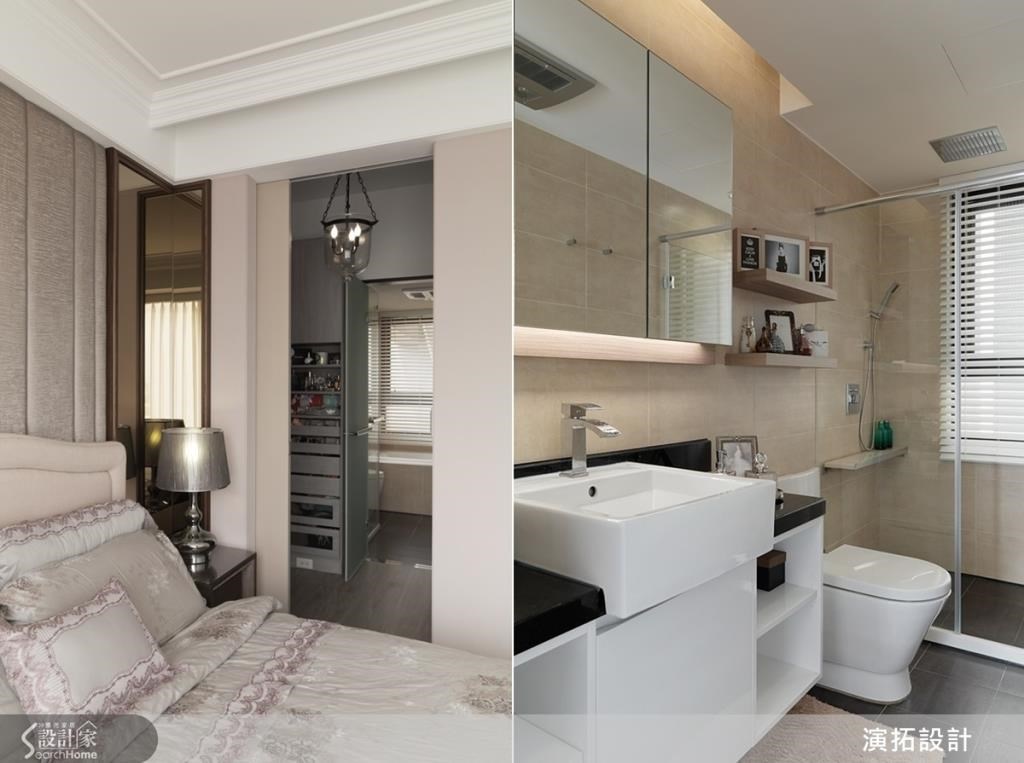 主臥衛浴空間配置許多置物層架與收納空間，貼心滿足了女主人擺放瓶瓶罐罐的需求！